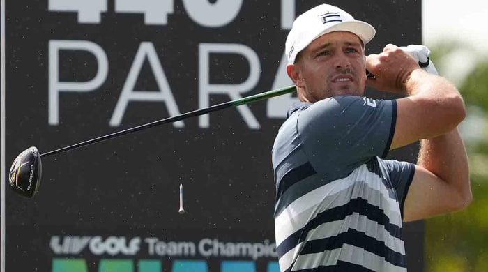Bryson DeChambeau tees off at the 2022 LIV Golf Team Championship in Miami.